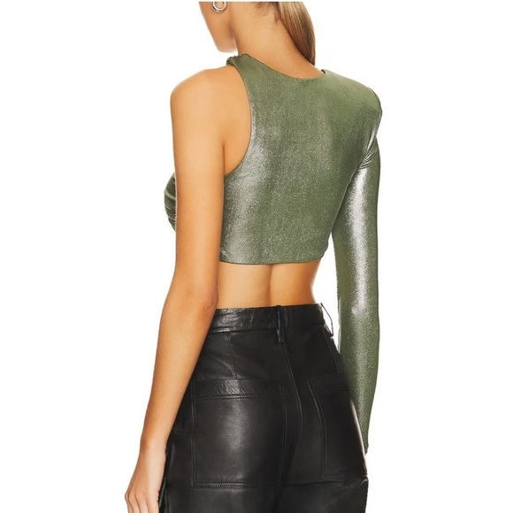 NBD Vea One Shoulder Crop Top Metallic Green SMALL Asymmetrical Cut Out - Picture 3 of 10
